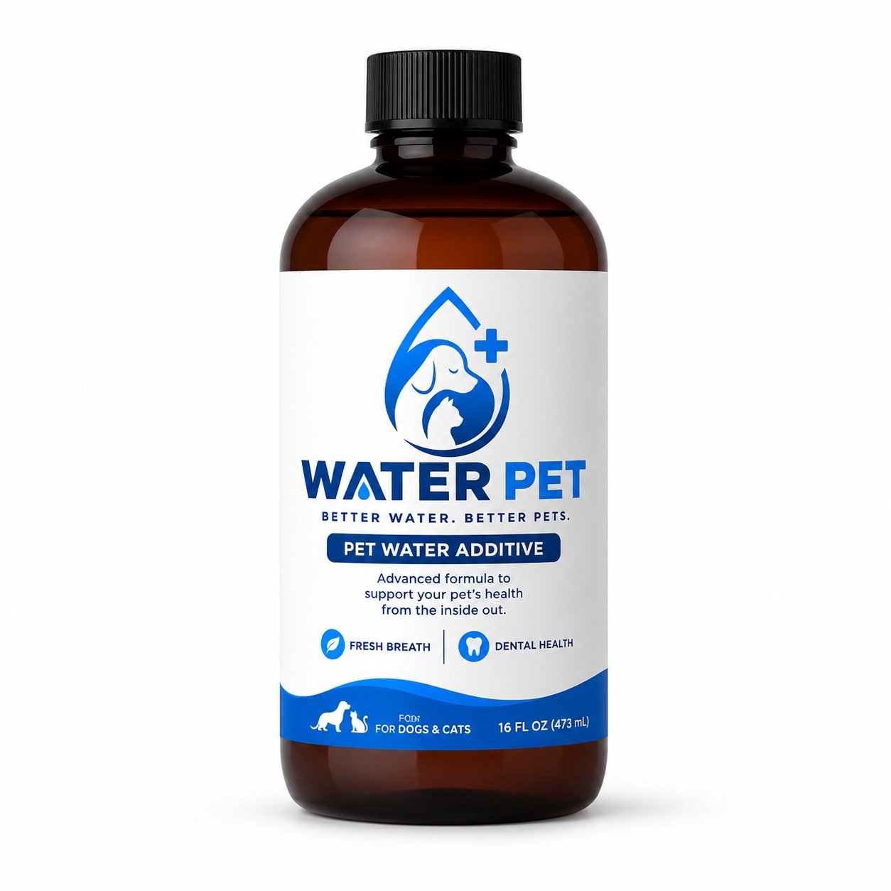 Water Pet 16 ounce amber bottle with black cap